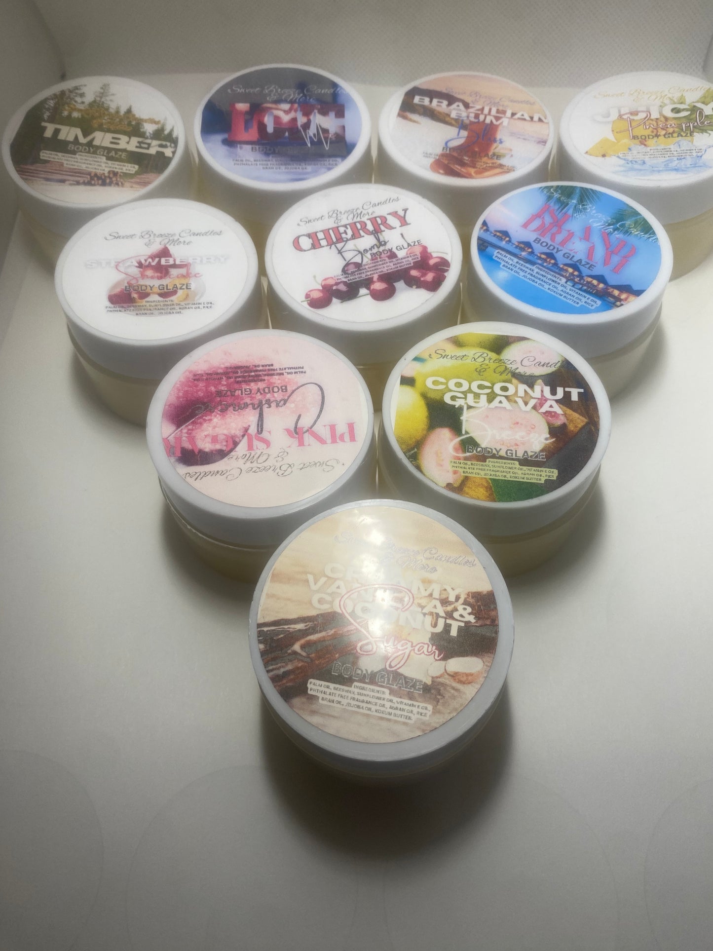 Body glaze 10pk- 10 great 1oz scents. Cherry, Creamy Vanilla, Coconut Guava, Brazilian Bum, Strawberry Shortcake, Pink Sugar, Timber, Love Me, Island Dream, Juicy Pineapple