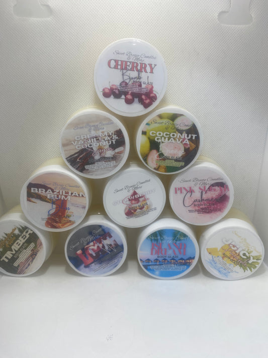 Body glaze 10pk- 10 great 1oz scents. Cherry, Creamy Vanilla, Coconut Guava, Brazilian Bum, Strawberry Shortcake, Pink Sugar, Timber, Love Me, Island Dream, Juicy Pineapple